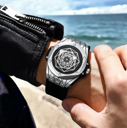 Premium Aura Geometric Metallic Men's Watch | Luxury Leather Strap, Alloy Case & Elegant Design