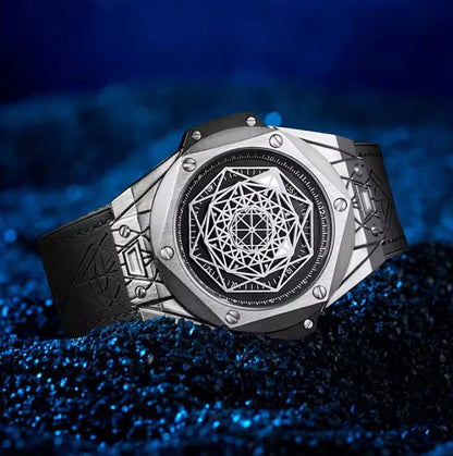 Premium Aura Geometric Metallic Men's Watch | Luxury Leather Strap, Alloy Case & Elegant Design