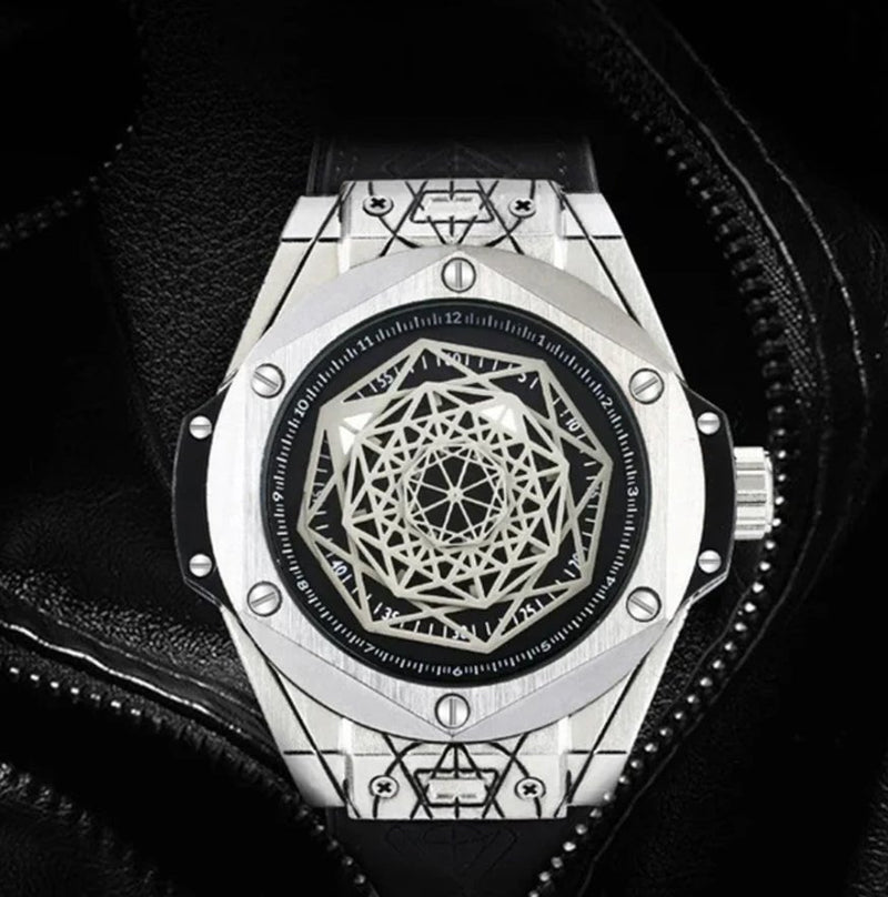 Premium Aura Geometric Metallic Men's Watch | Luxury Leather Strap, Alloy Case & Elegant Design
